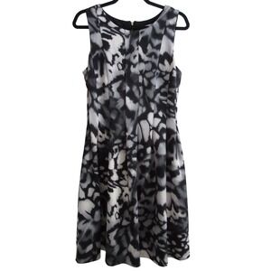 Calvin‎ Klein Midi Dress 10 Black White Abstract Print Sleeveless Fit & Flare